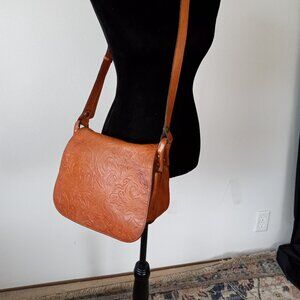 PATRICIA NASH Saddle Flap Closure Tan Floral Embossed Leather C